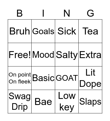 American Slang Bingo Card