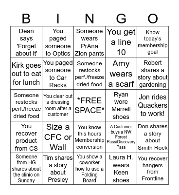 Tuesday REI Bingo Card