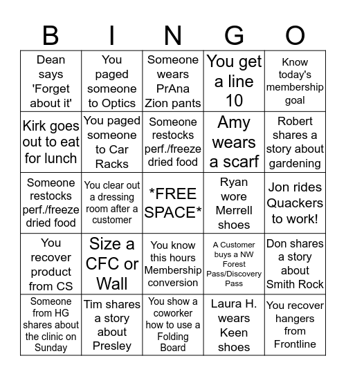 Tuesday REI Bingo Card