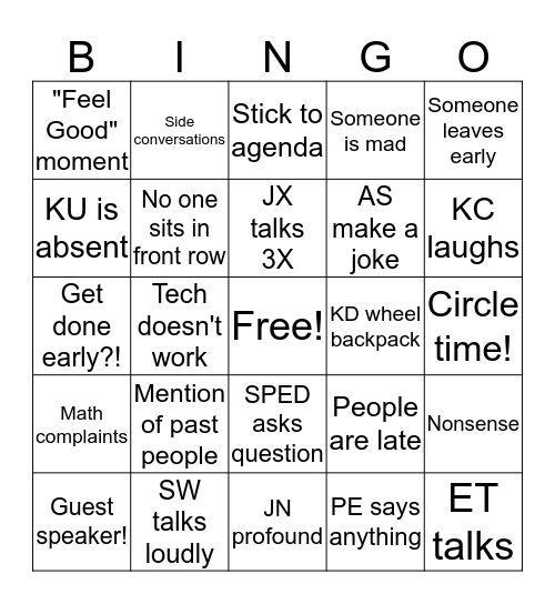 Staff meeting Bingo Card