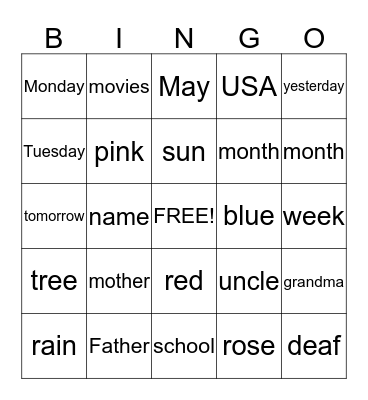 ASL 1 Bingo Card