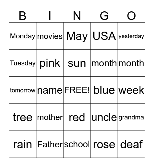 ASL 1 Bingo Card