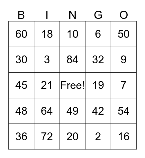 Multiplication Bingo Card