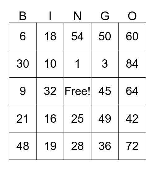 Multiplication Bingo Card