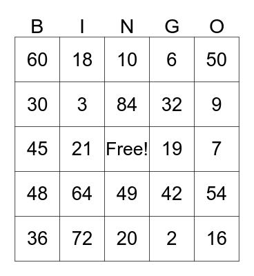 Multiplication Bingo Card