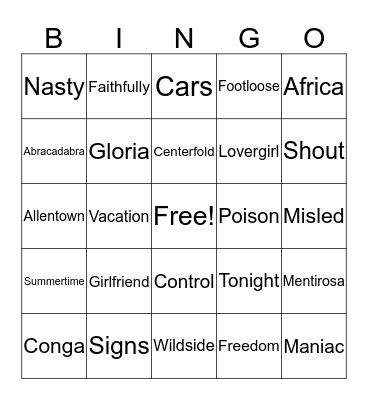 80s & 90s One Word Wonders Bingo Card