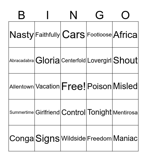 80s & 90s One Word Wonders Bingo Card