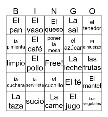 Food and At the Table - SPANISH Bingo Card