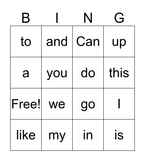 sight words Bingo Card