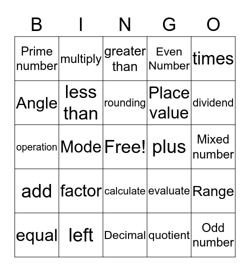 math vocabulary Bingo Card