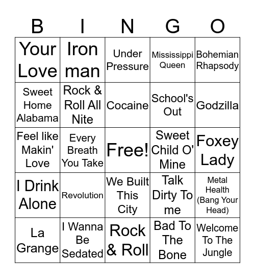 Classic Rock Bingo Card