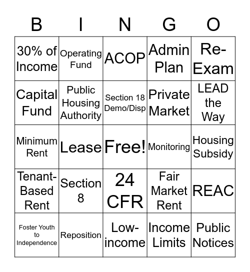 Public Housing Overview Bingo Card