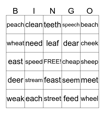 Bingo with ee, ea -long e sound Bingo Card