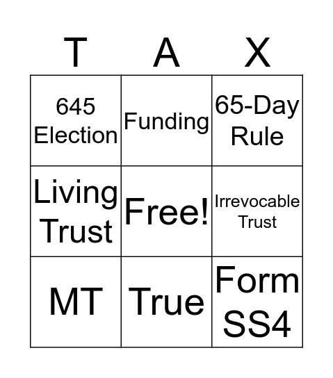 Estate & Trust Bingo Card