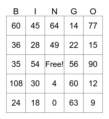 Multiplication Bingo Card