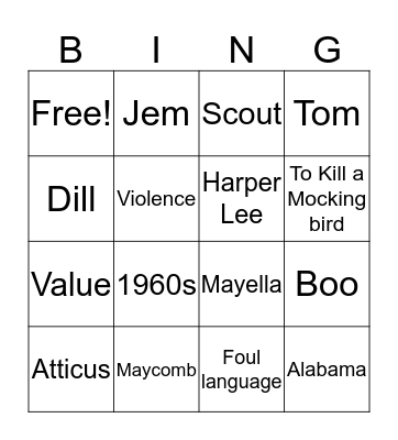 To Kill a Mocking bird Bingo Card