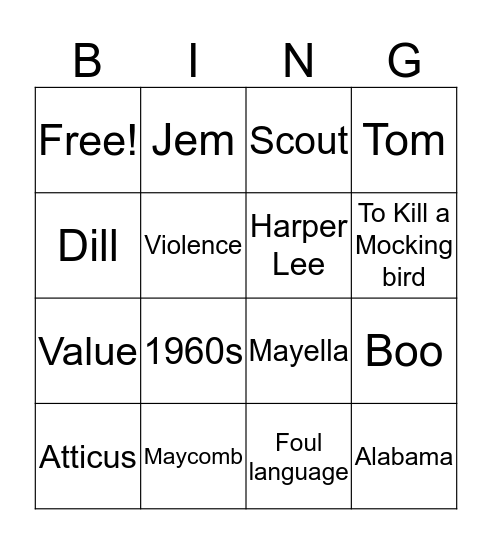 To Kill a Mocking bird Bingo Card