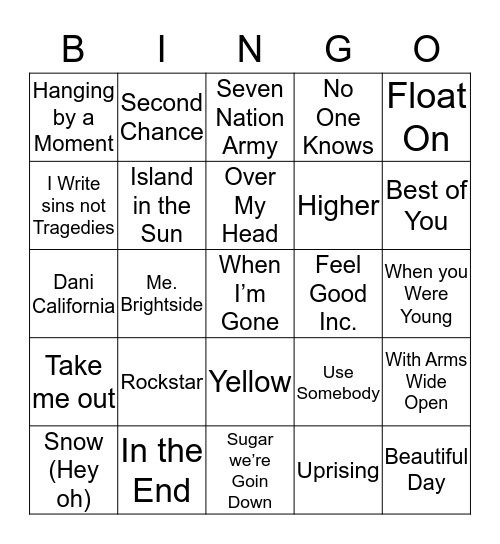 2000’s Rock Bingo Card