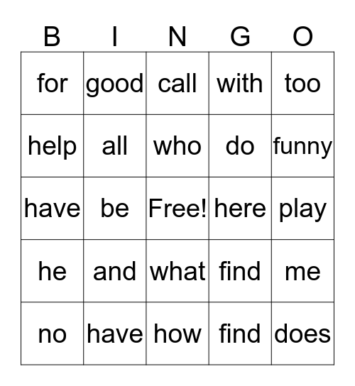 Sight Words Bingo Card