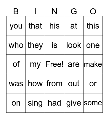 Sight Words Bingo Card
