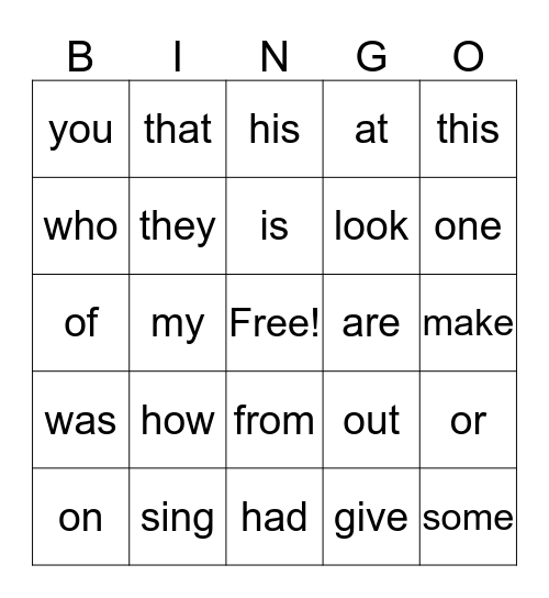 Sight Words Bingo Card
