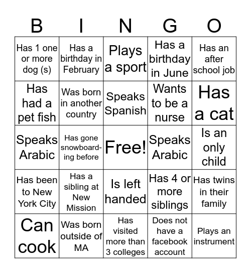 NHS Human Bingo Card