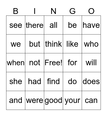 Sight Words Bingo Card