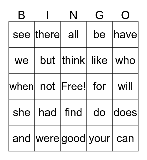 Sight Words Bingo Card