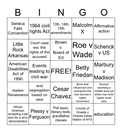 The Civil Rights Movement Bingo Card