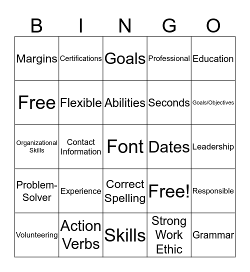 Resume Bingo! Bingo Card