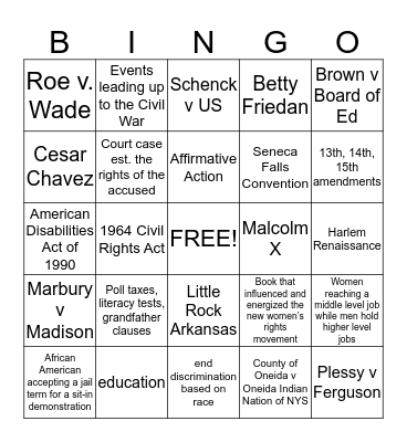 The Civil Rights Movement Bingo Card
