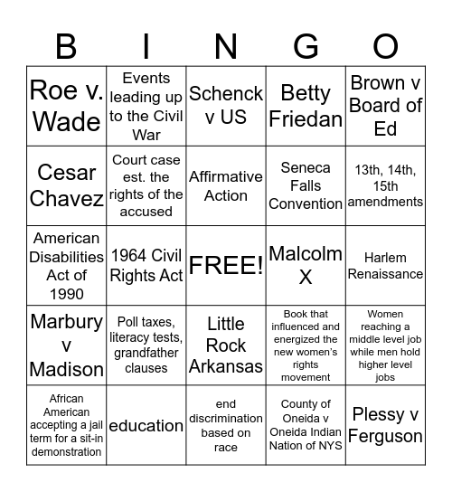 The Civil Rights Movement Bingo Card