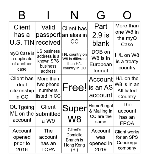 W8 Bingo Card
