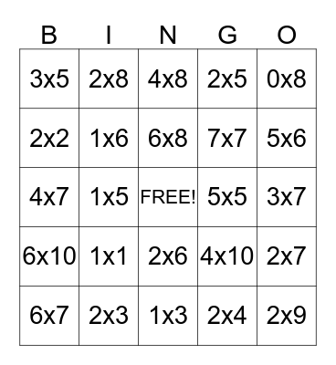 Multiplication Bingo Card