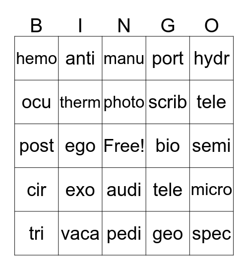 Latin and Greek Prefixes Bingo Card