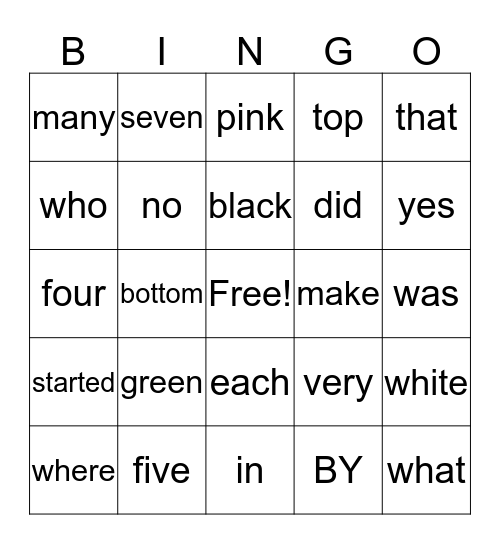 SIGHT WORD Bingo Card