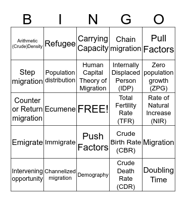Popuation  Bingo Card
