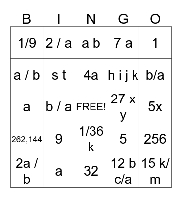 Exponent Bingo Card