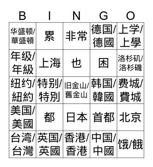 中文一城市 Bingo Card