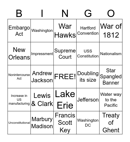 Washington to War of 1812 Bingo Card