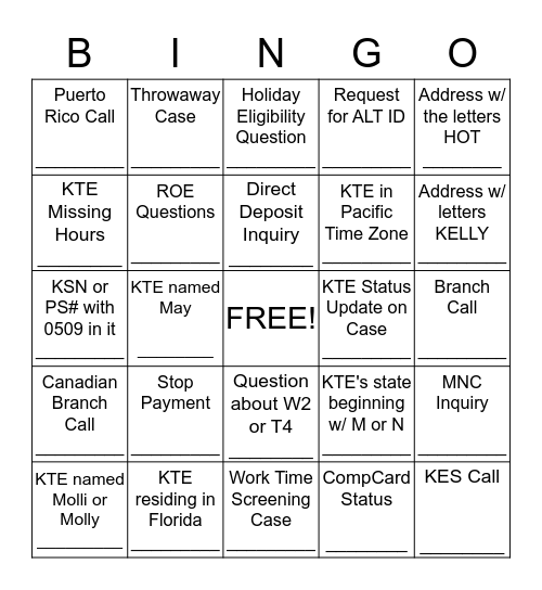 EFSC Bingo - Please write the corresponding case # Bingo Card