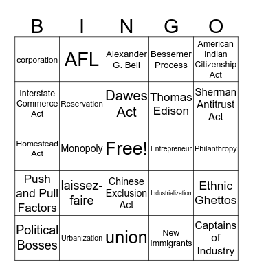 Gilded Age Bingo Card