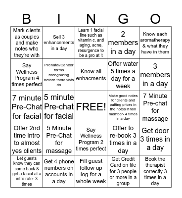 Massage Envy Spa Bingo Card