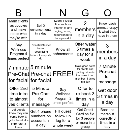 Massage Envy Spa Bingo Card