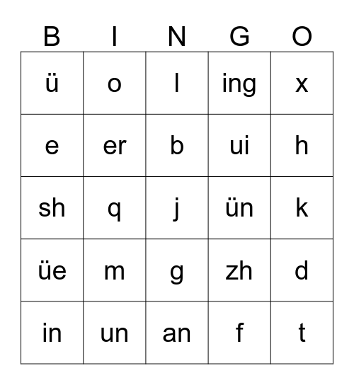 Pinyin Bingo Card