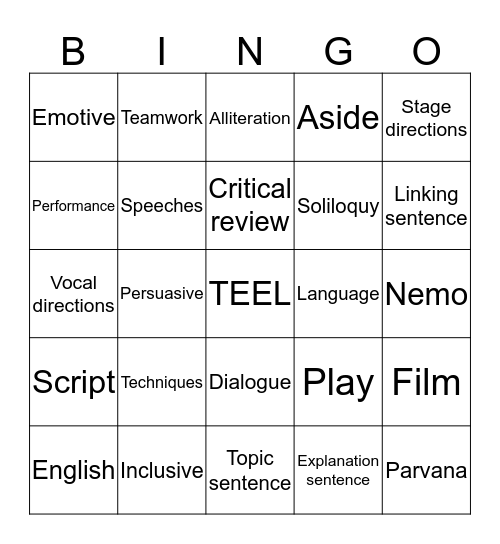 English 7.5 Bingo Card