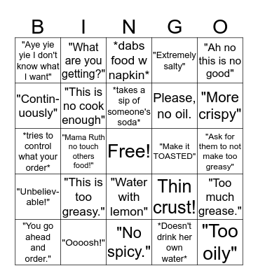 Restaurant Stella Bingo Card