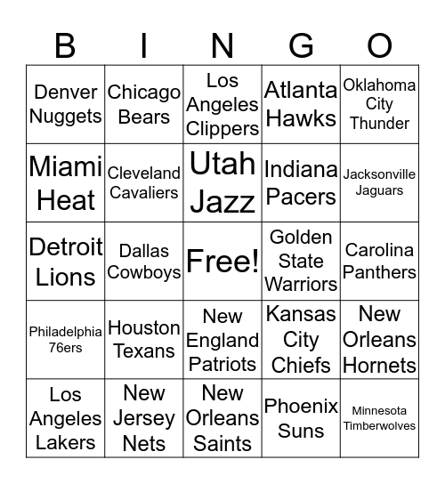 NFL/NBA Bingo Card