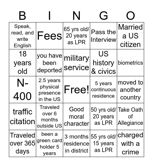 Naturalization and Citizenship Bingo Card