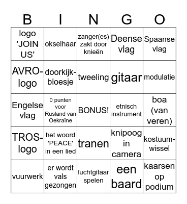 GayPride GroenLinks Eurovision Bingo Card